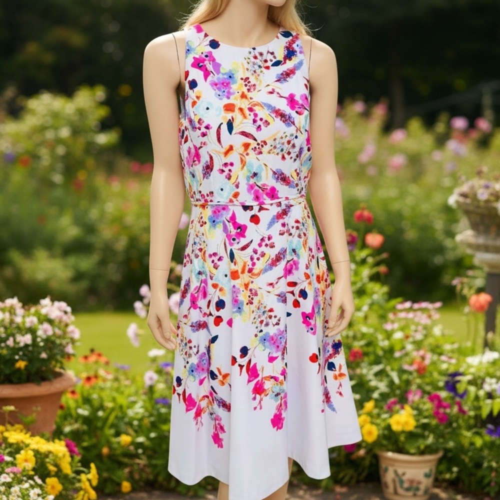 Tahari Arthur S. Levine Sleeveless White Floral Fit & Flare Dress knee Length
